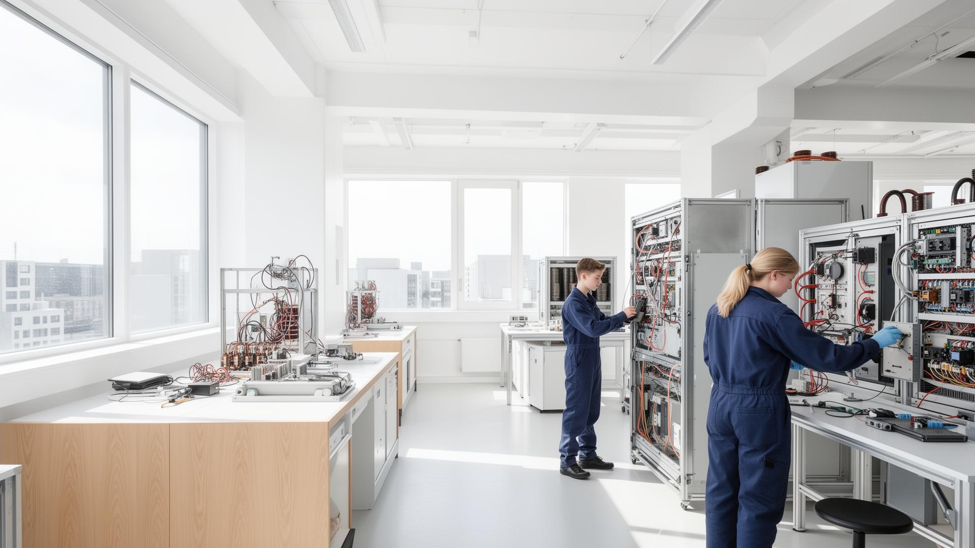 Scandinavian engineering laboratory with students working on electrical systems